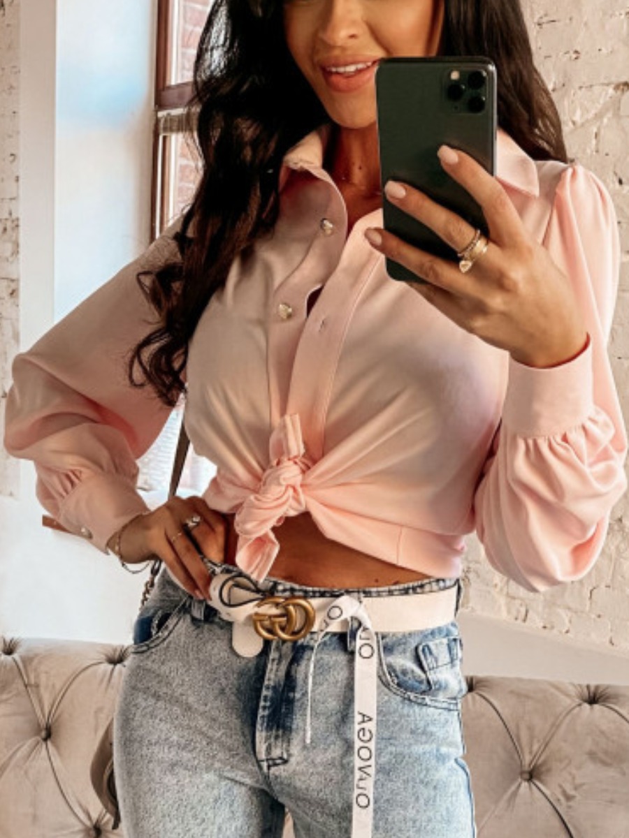 

Lovely Casual Turndown Collar Ruffle Design Pink Blouse