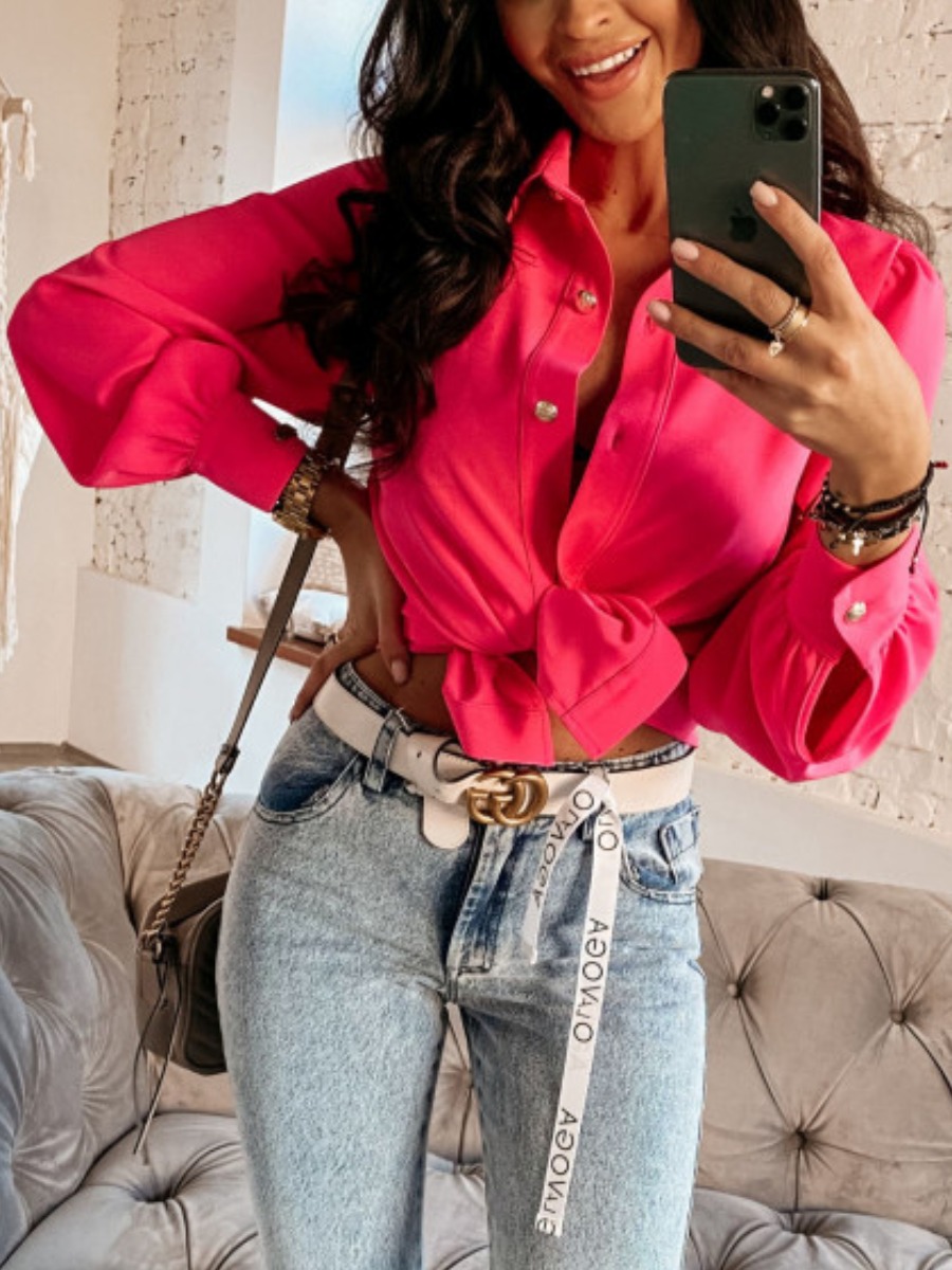 

Lovely Casual Turndown Collar Ruffle Design Red Blouse