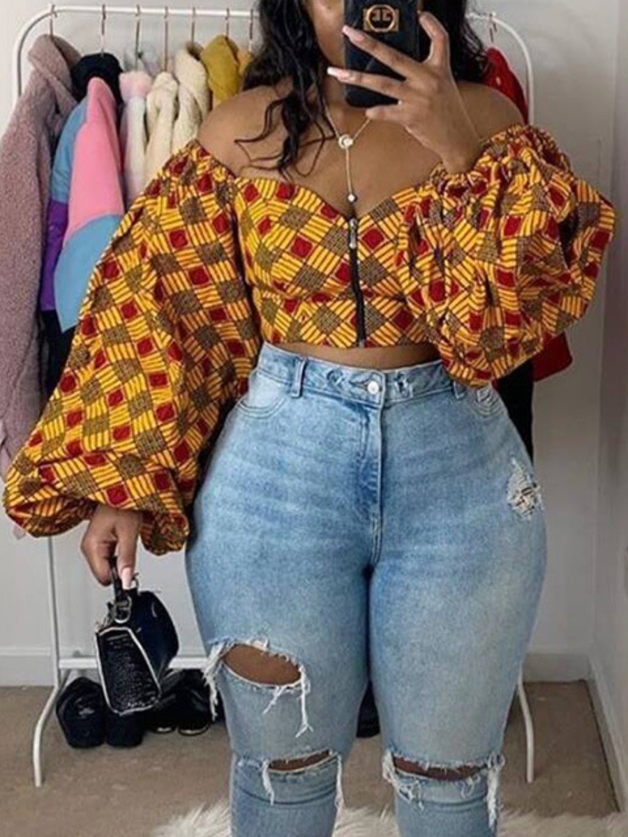 

Lovely Boho Ruffle Design Geometric Print Yellow Blouse