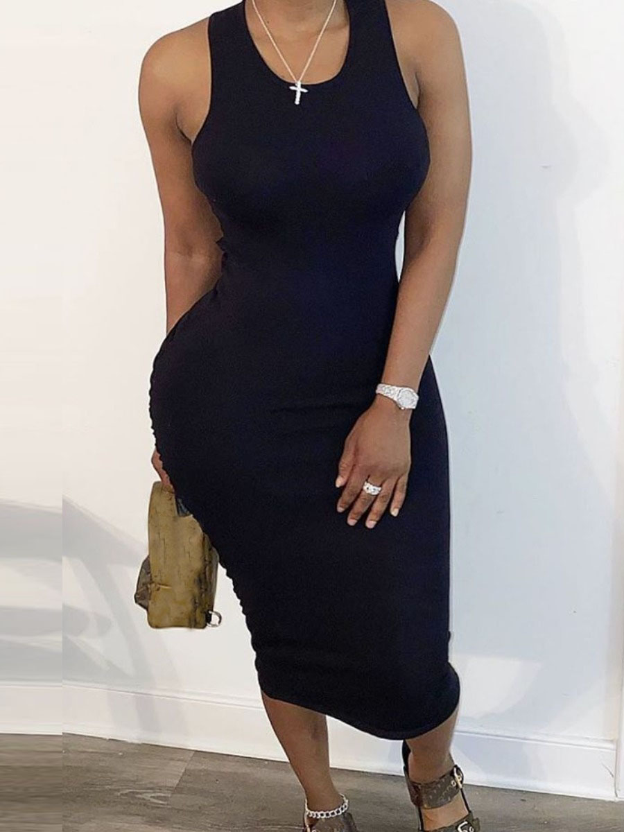 

Lovely Plus Size Street Hollow-out Ruched Black Mid Calf Dress