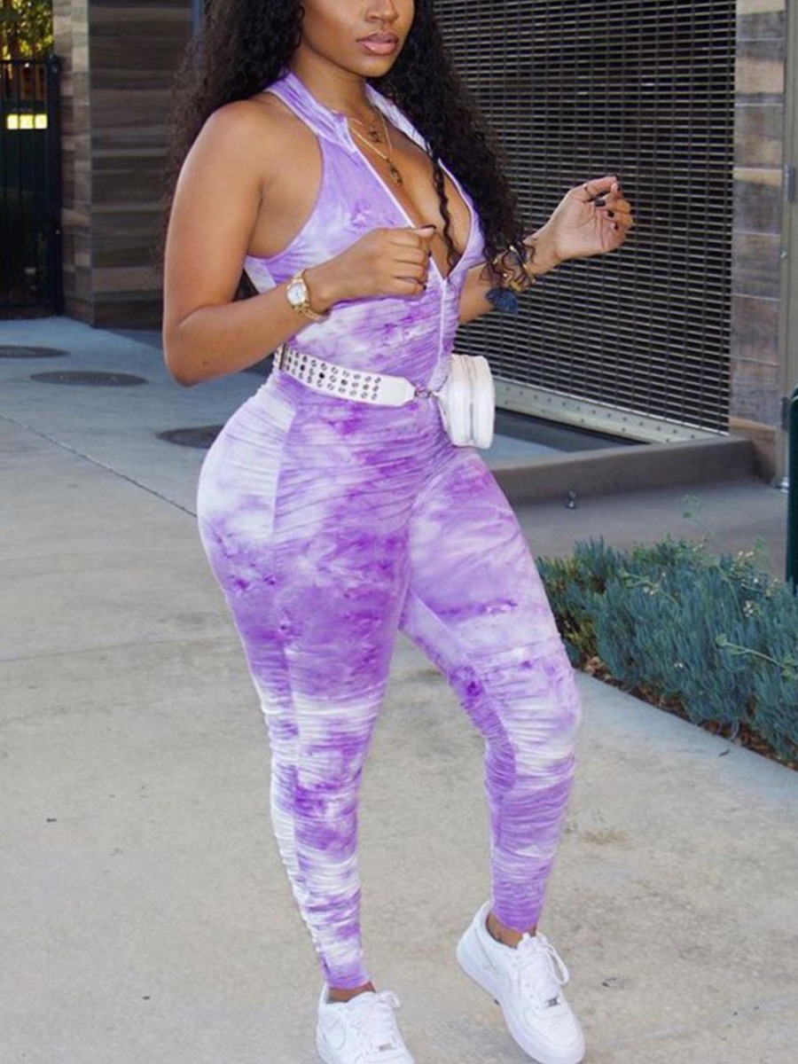 

Lovely Casual Tie-dye Ruched Purple Plus Size One-piece Jumpsuit (Without Waist Bag)
