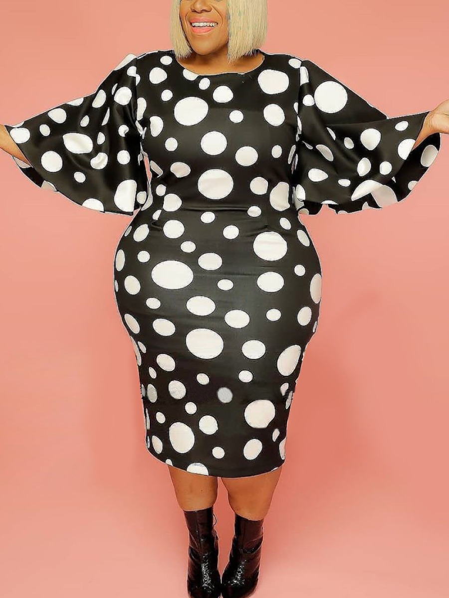 

Lovely Casual Dot Print Batwing Sleeve Black Knee Length Plus Size Dress