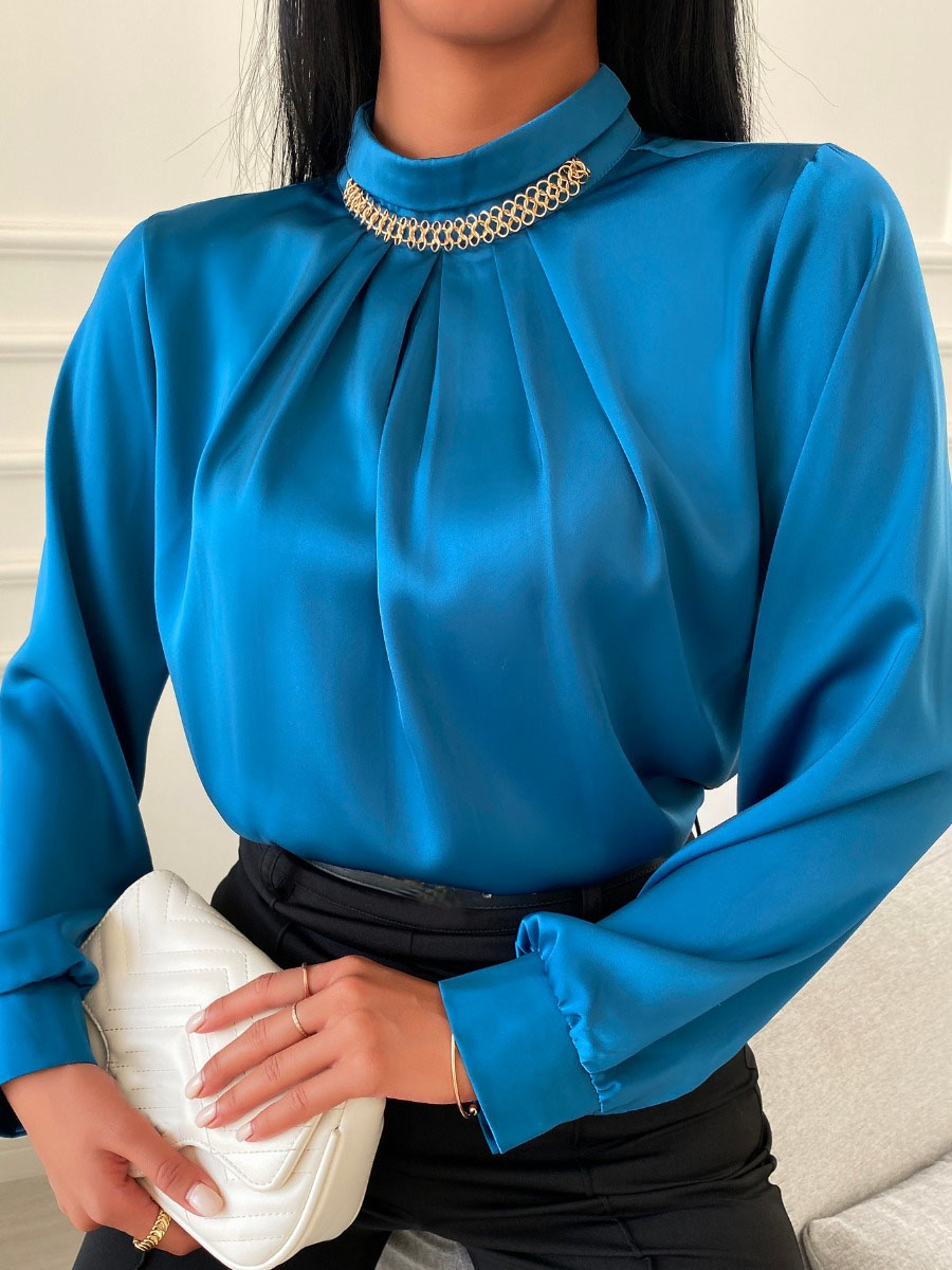 

Lovely Elegant Half A Turtleneck Chain Decoration Ruffle Design Blue Blouse