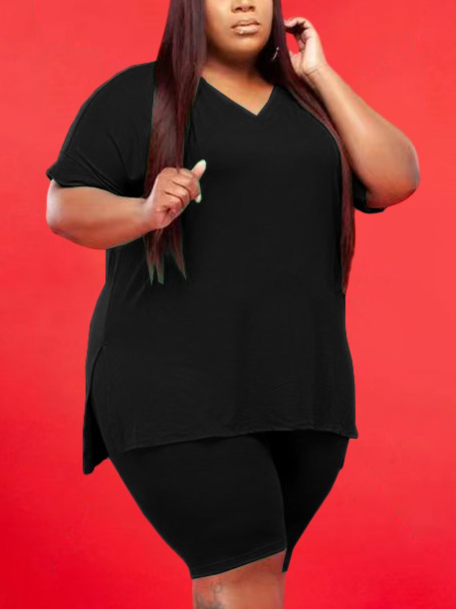 

LW Plus Size Casual V Neck Split Black Two-piece Shorts Set