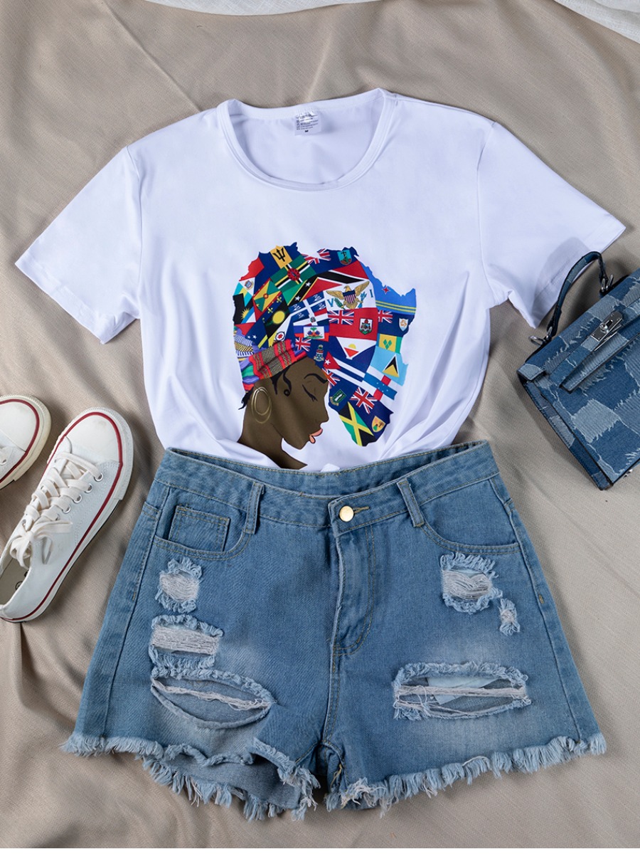 

Lovely Sweet Face Flag Print Patchwork White T-shirt