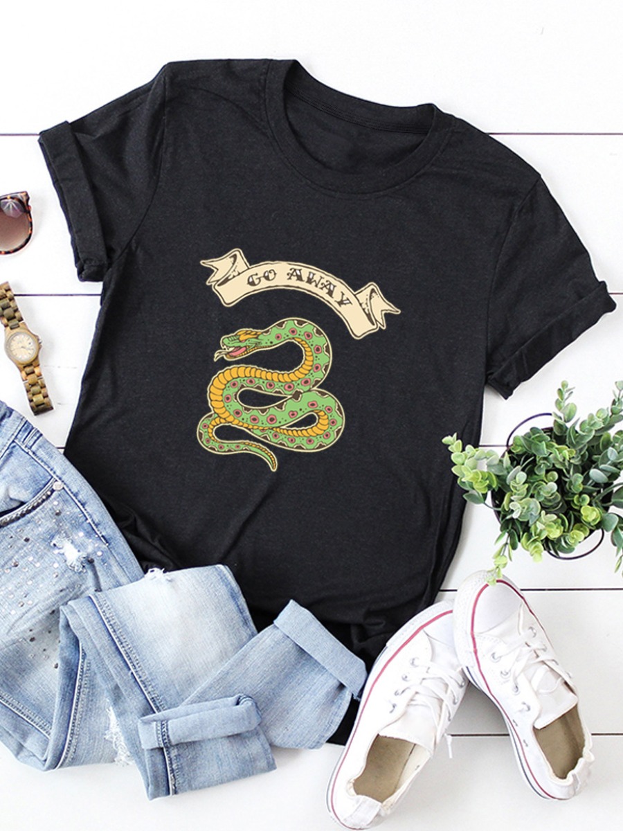 

Lovely Casual O Neck Snake Print Black Plus Size T-shirt