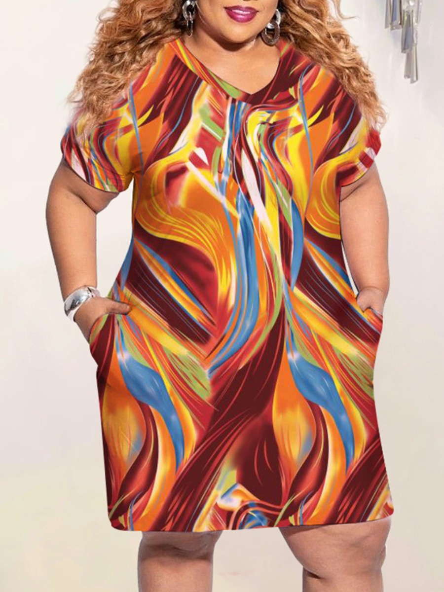 

Lovely Plus Size Boho V Neck Whirlpool Orange Knee Length Dress