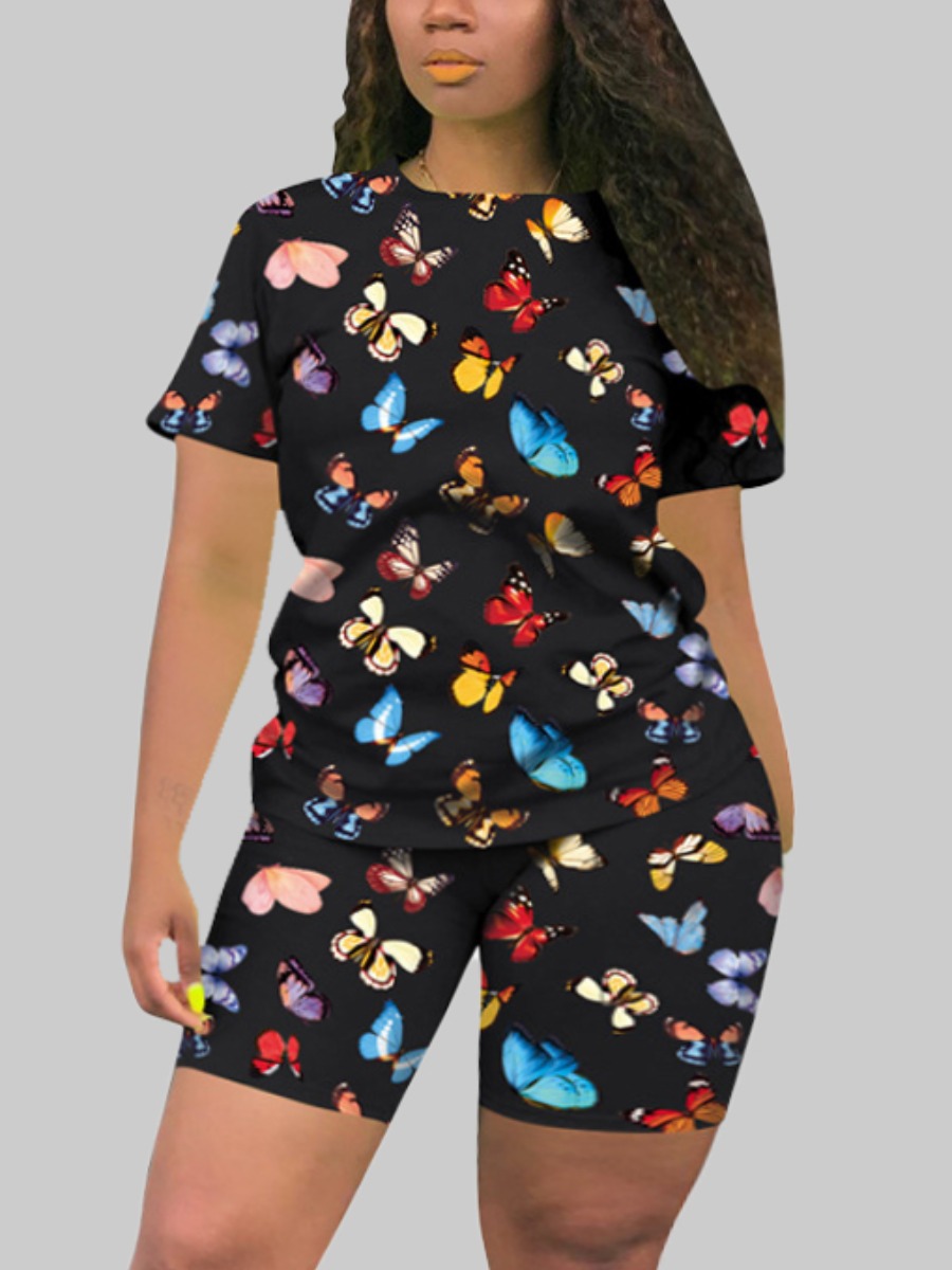 

Lovely Street O Neck Butterfly Print Black Plus Size Two-piece Shorts Set
