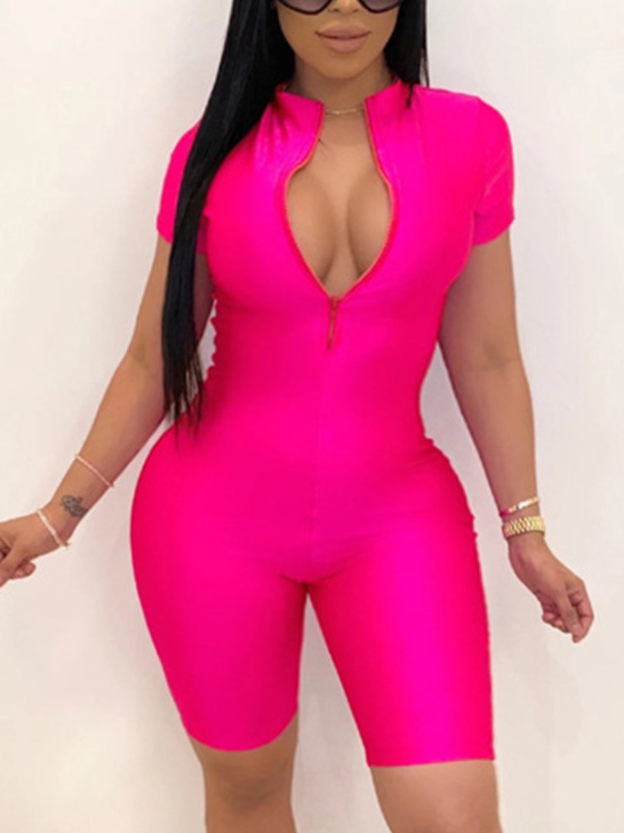 

LW BASICS Plus Size Sportswear Zipper Design Rose Red One-piece Romper