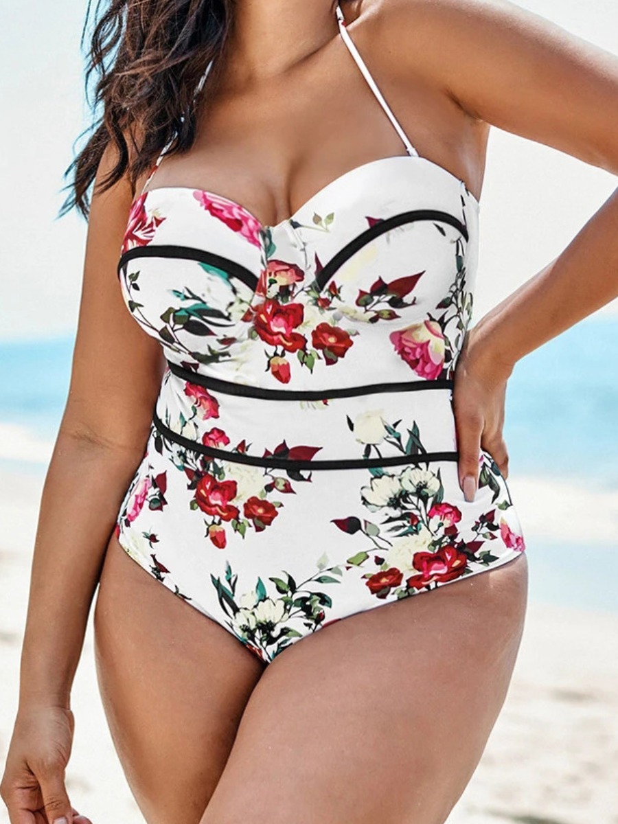 

Lovely Boho Floral Print Patchwork White Plus Size One-piece Swimsuit