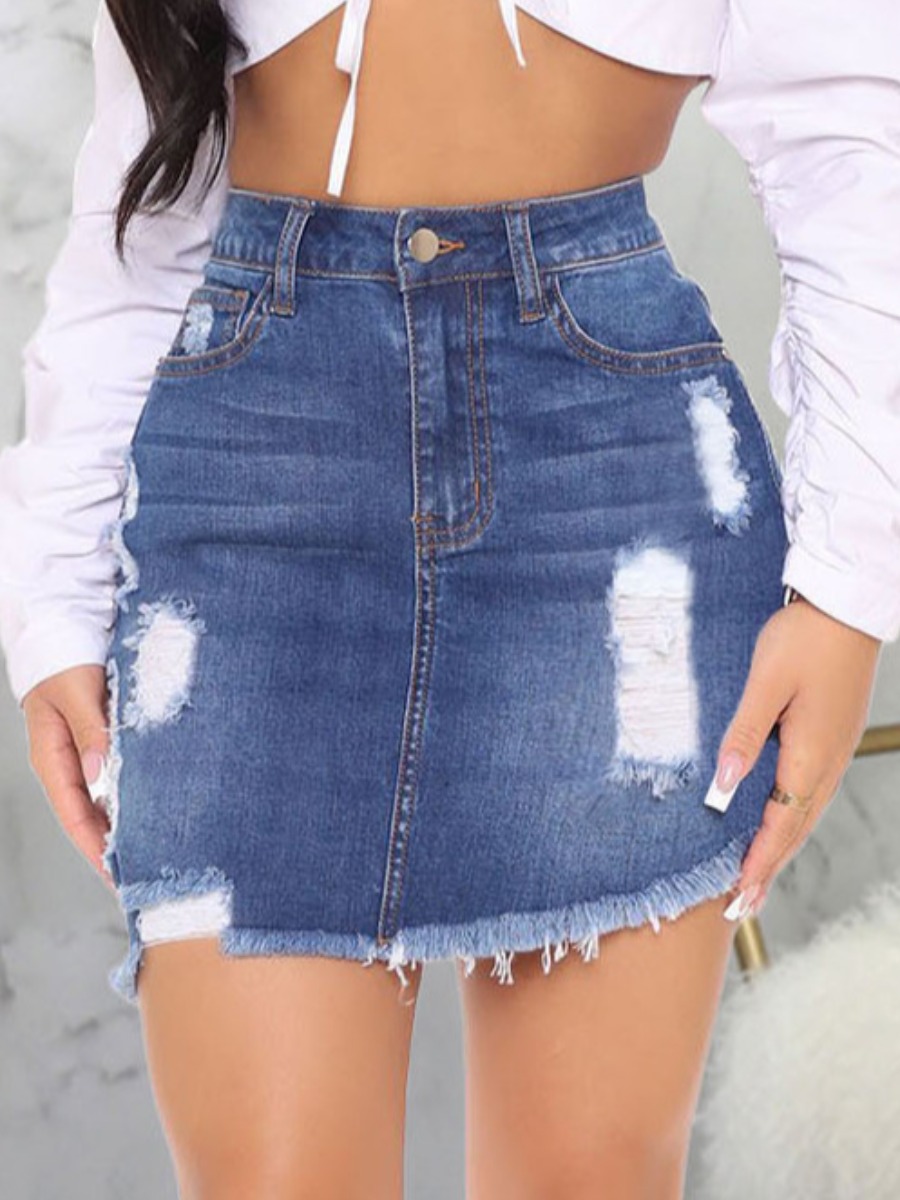 

Lovely Street Ripped Raw Edge Deep Blue Mini Denim Skirt