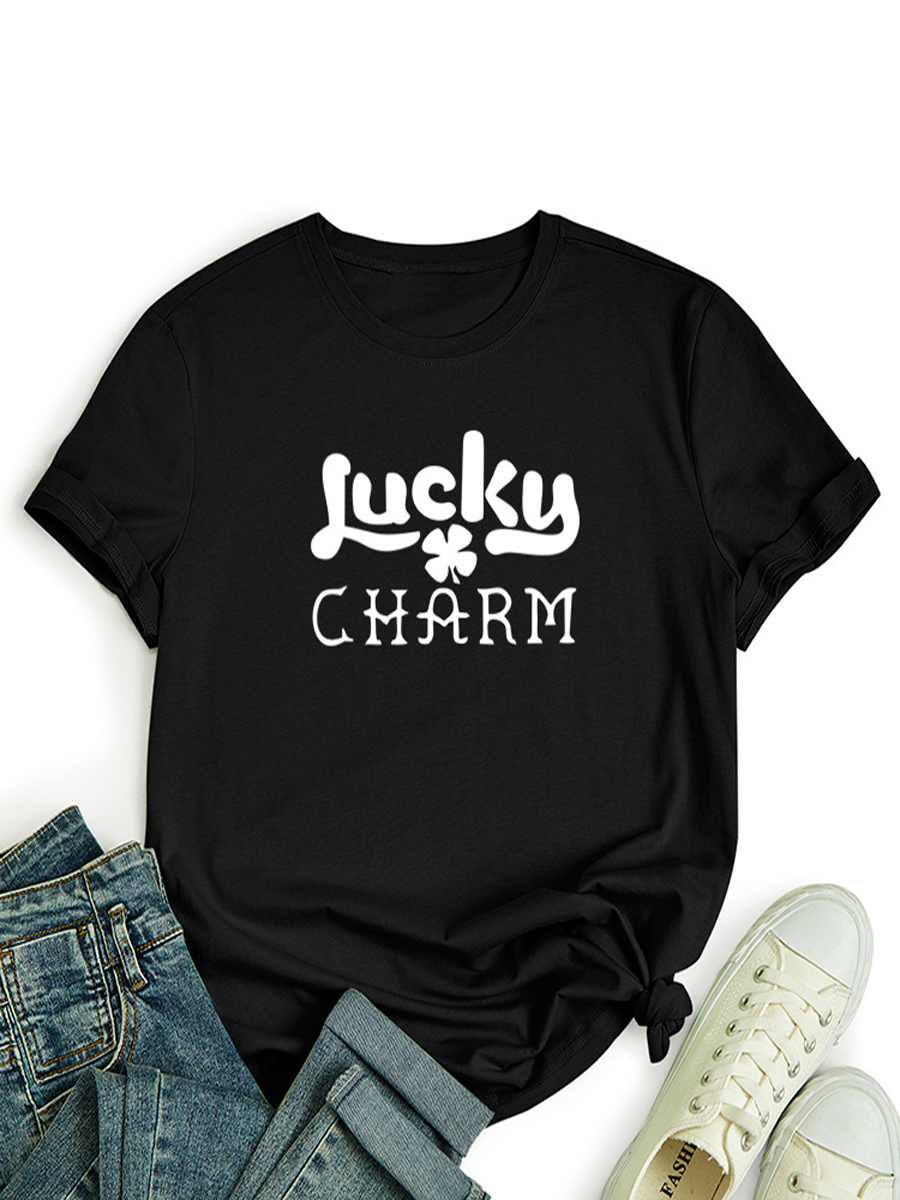 

Lovely Casual O Neck Letter Print Black T-shirt