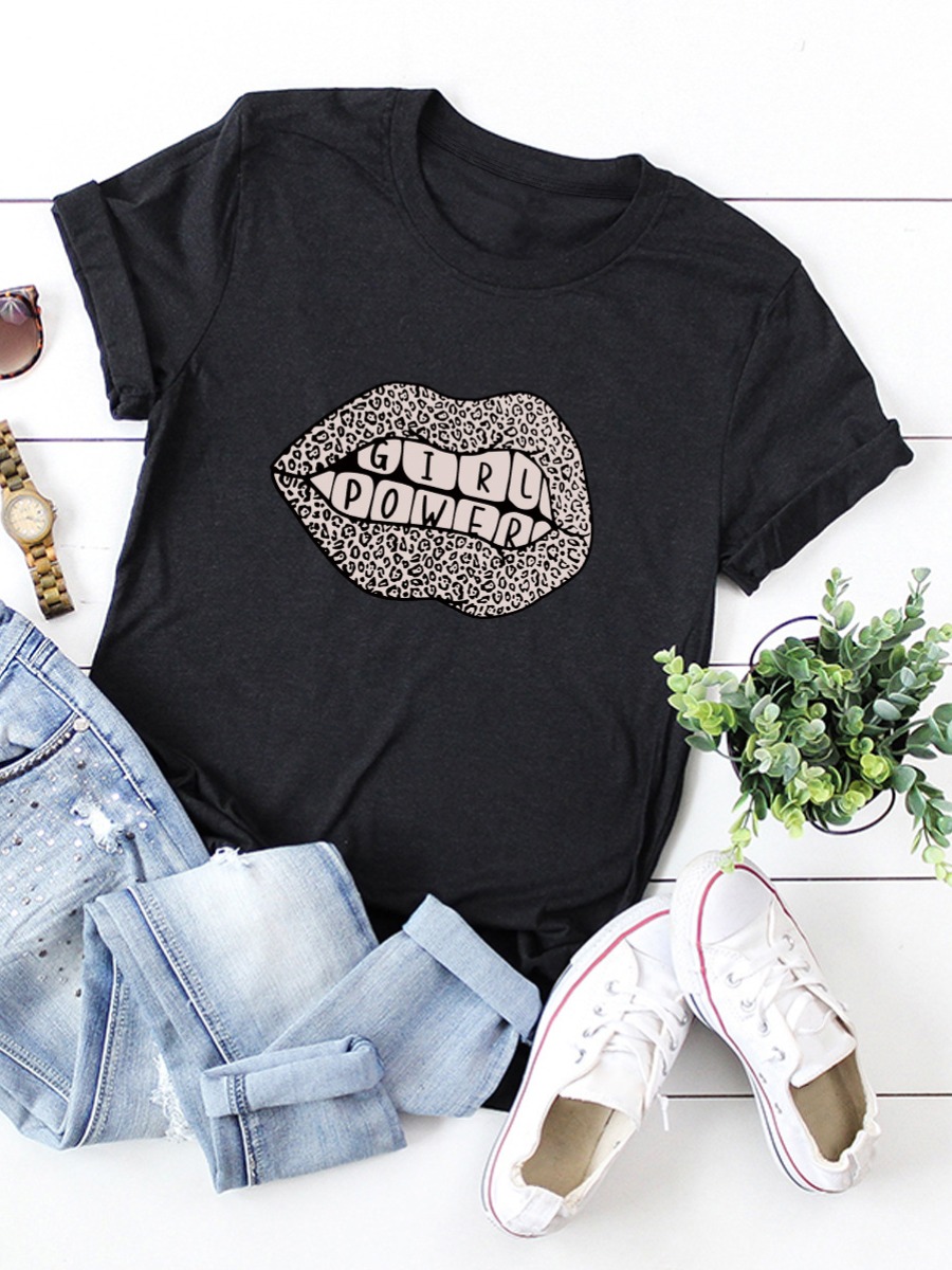 

Lovely Casual Letter Lip Print Black Plus Size T-shirt