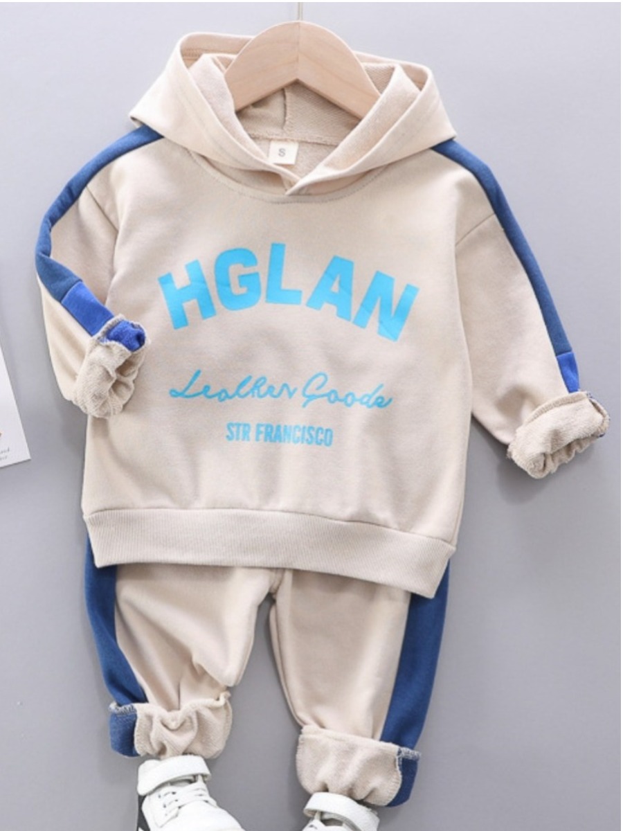 

Lovely Boy Sporty Hooded Collar Letter Print Beige Two Piece Pants Set