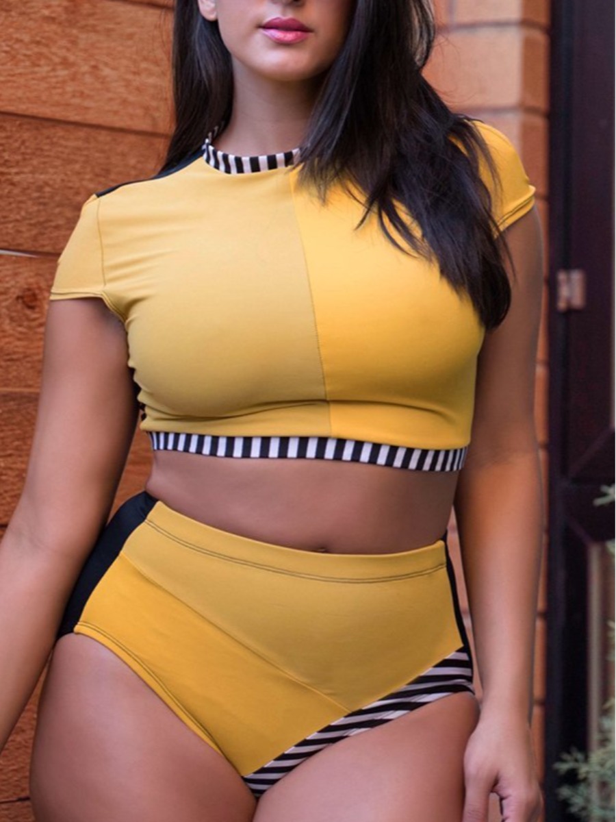 

Lovely Casual O Neck Striped Color-lump Yellow Plus Size Tankini