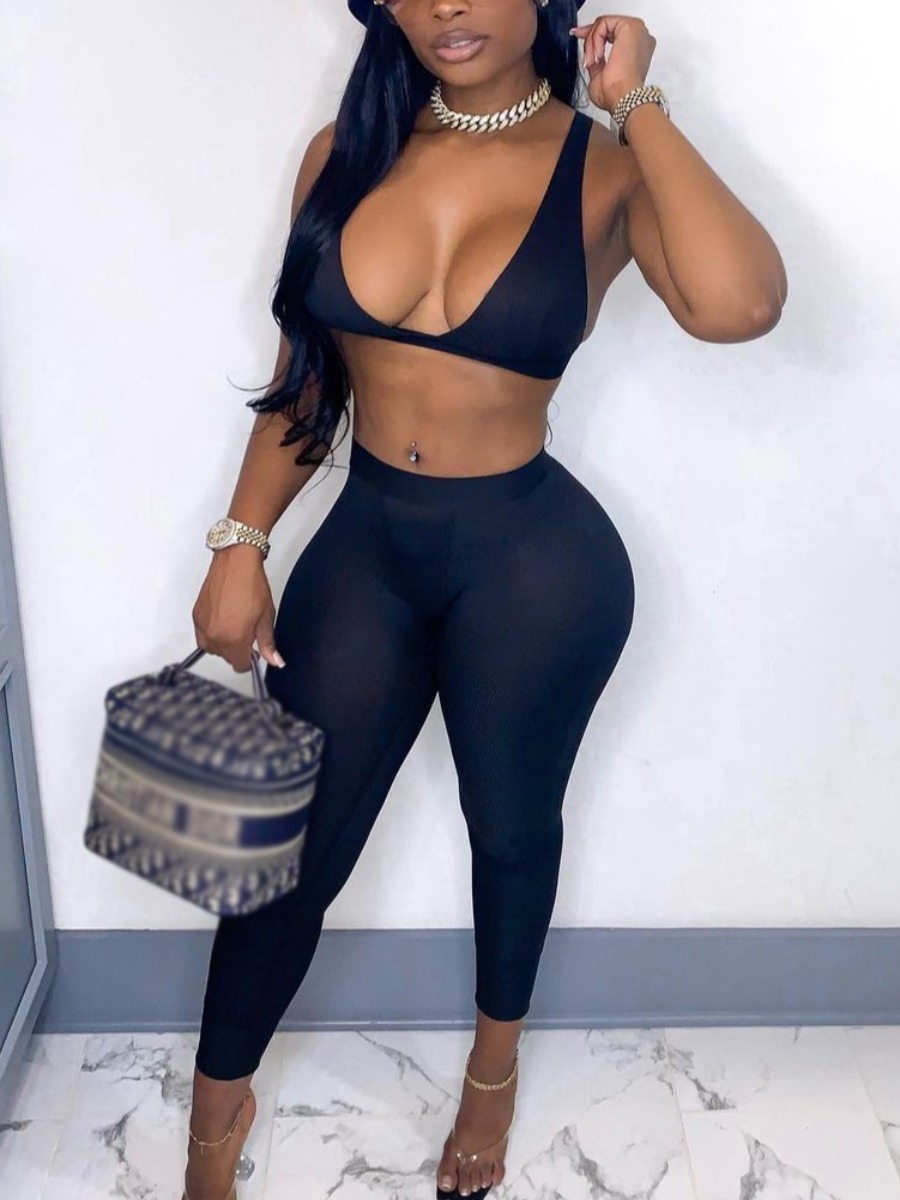 

LW SXY U Neck Basic Skinny Black Two Piece Pants Set