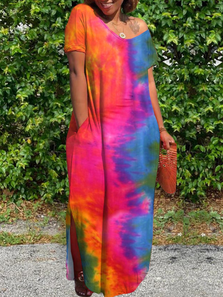 

Lovely Plus Size Casual Tie-dye Split Pink Floor Length Dress