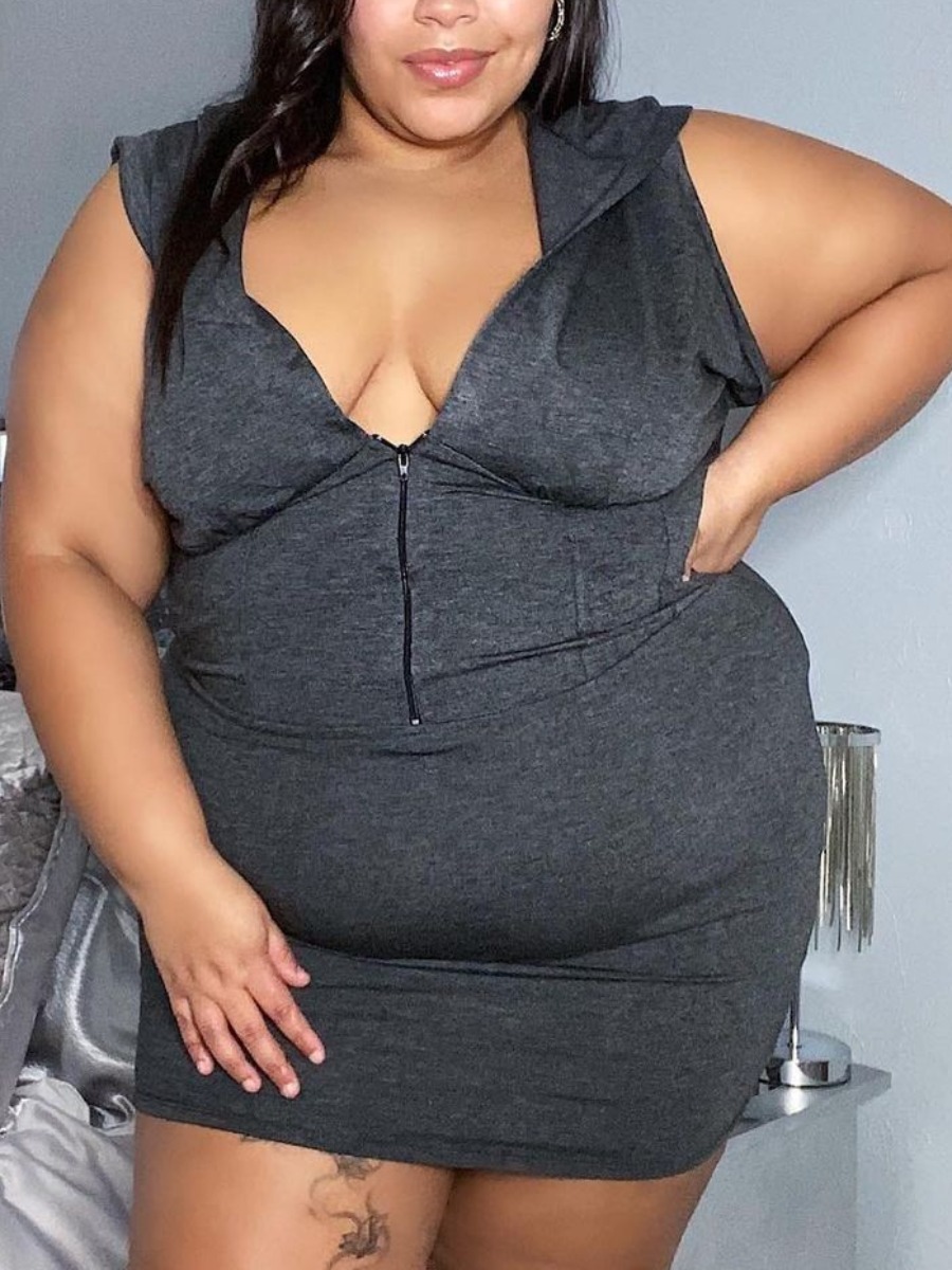 

Lovely Plus Size Casual Hooded Collar Zipper Design Grey Mini Dress