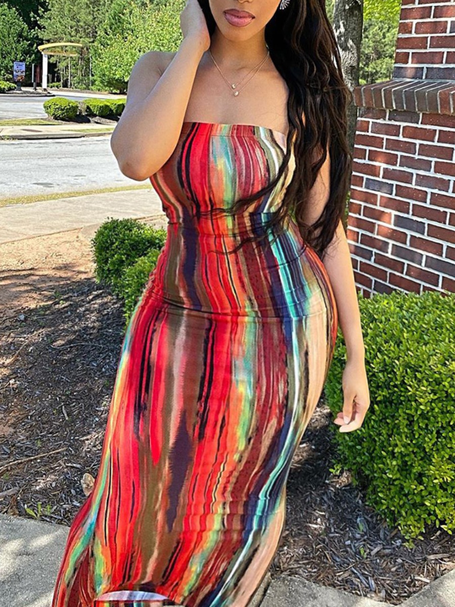 

Lovely Plus Size Boho Off The Shoulder Tie-dye Rose Red Ankle Length Dress