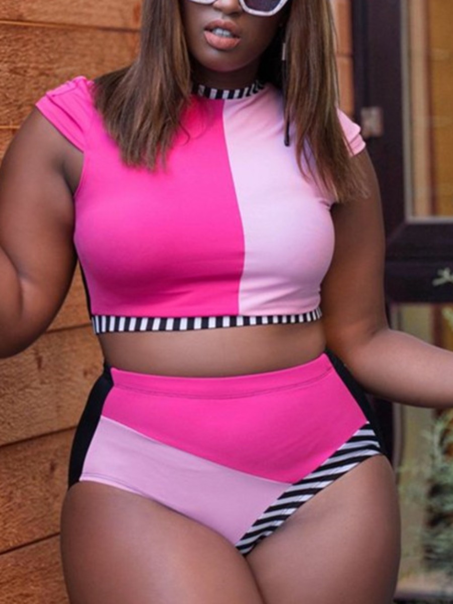

Lovely Casual O Neck Striped Color-lump Pink Plus Size Tankini
