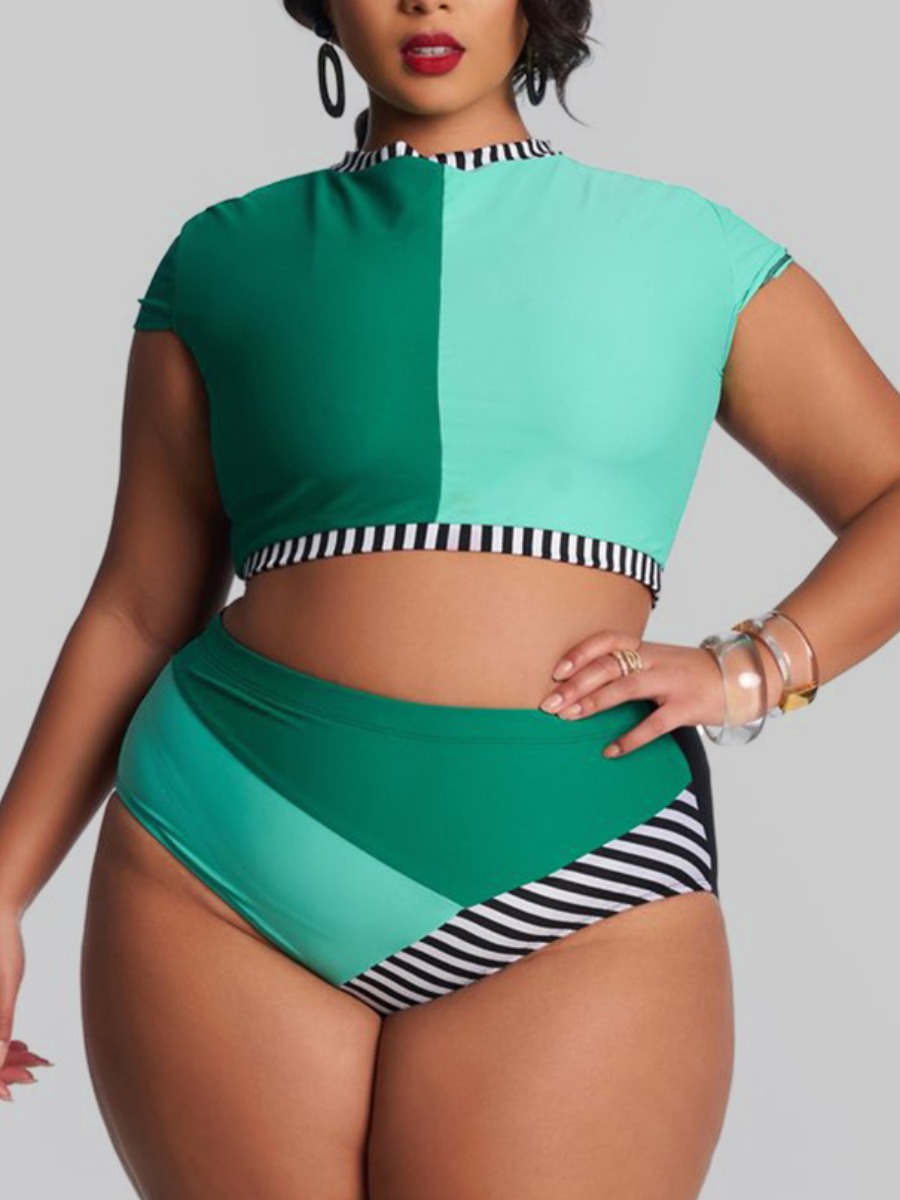 

Lovely Casual O Neck Striped Color-lump Green Plus Size Tankini