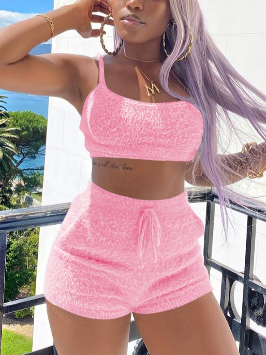 

Lovely Casual U Neck Drawstring Pink Two Piece Shorts Set