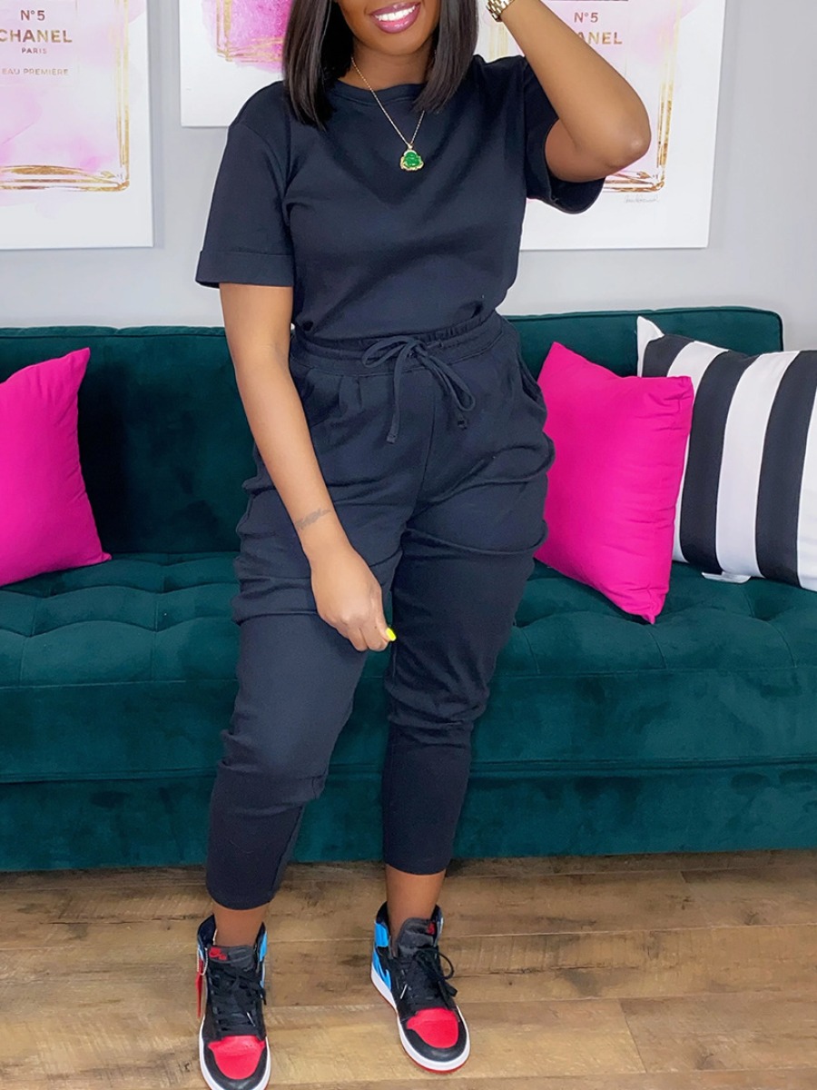 

Lovely Casual Dropped Shoulder Drawstring Black Two Piece Pants Set