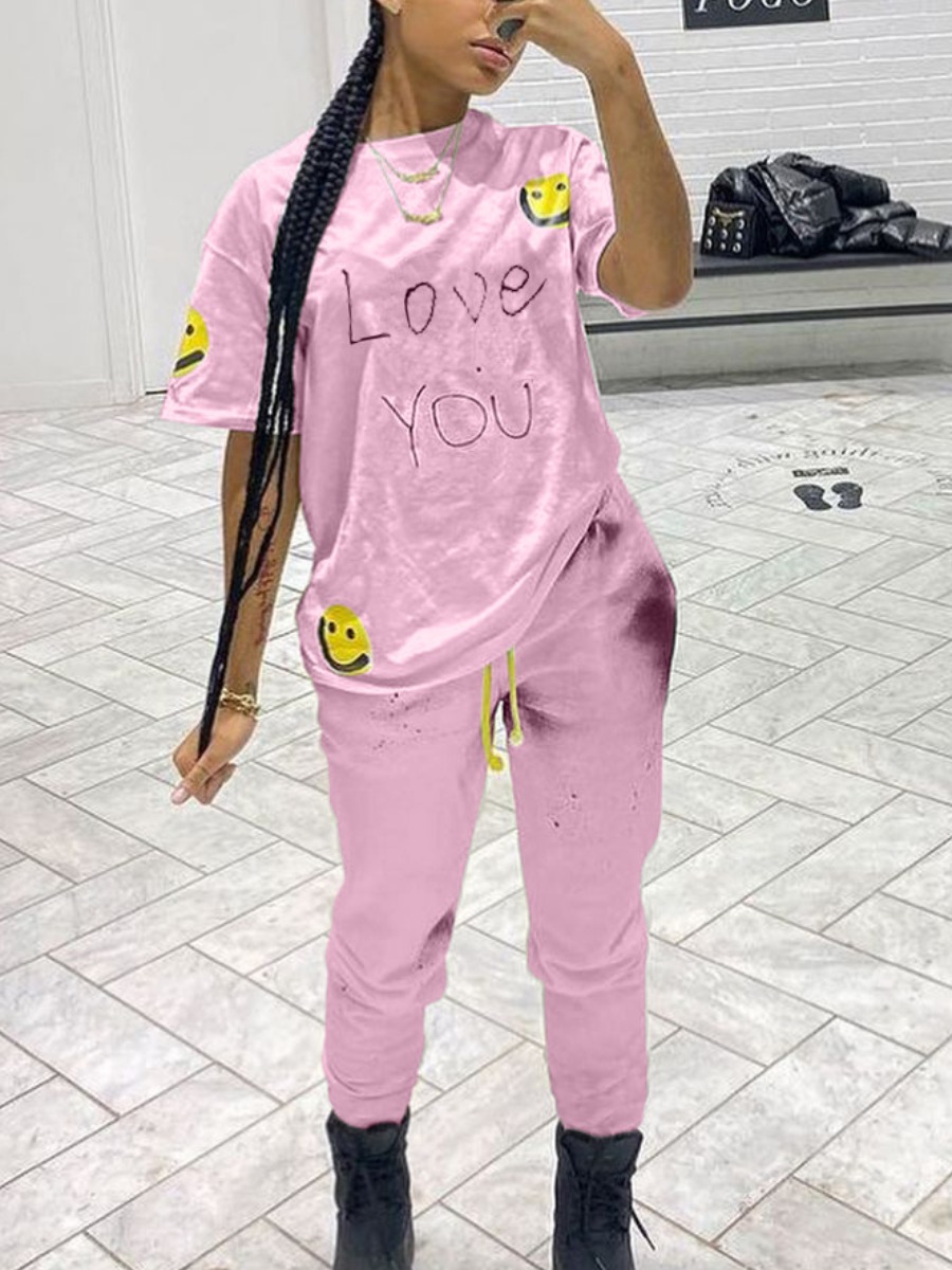 

Lovely Street Smiley Face Letter Print Drawstring Pink Two Piece Pants Set