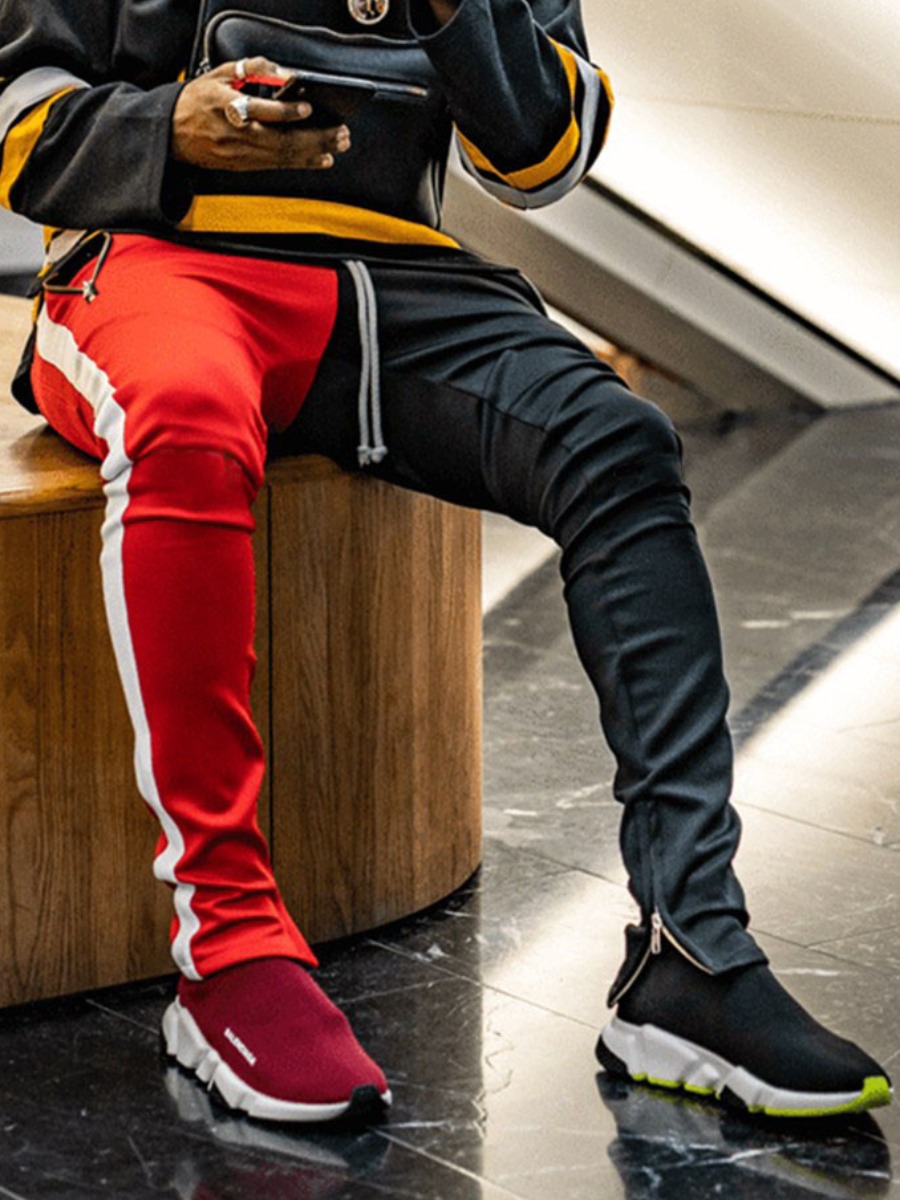 

Lovely Men Street Drawstring Color-lump Zipper Design Red Pants