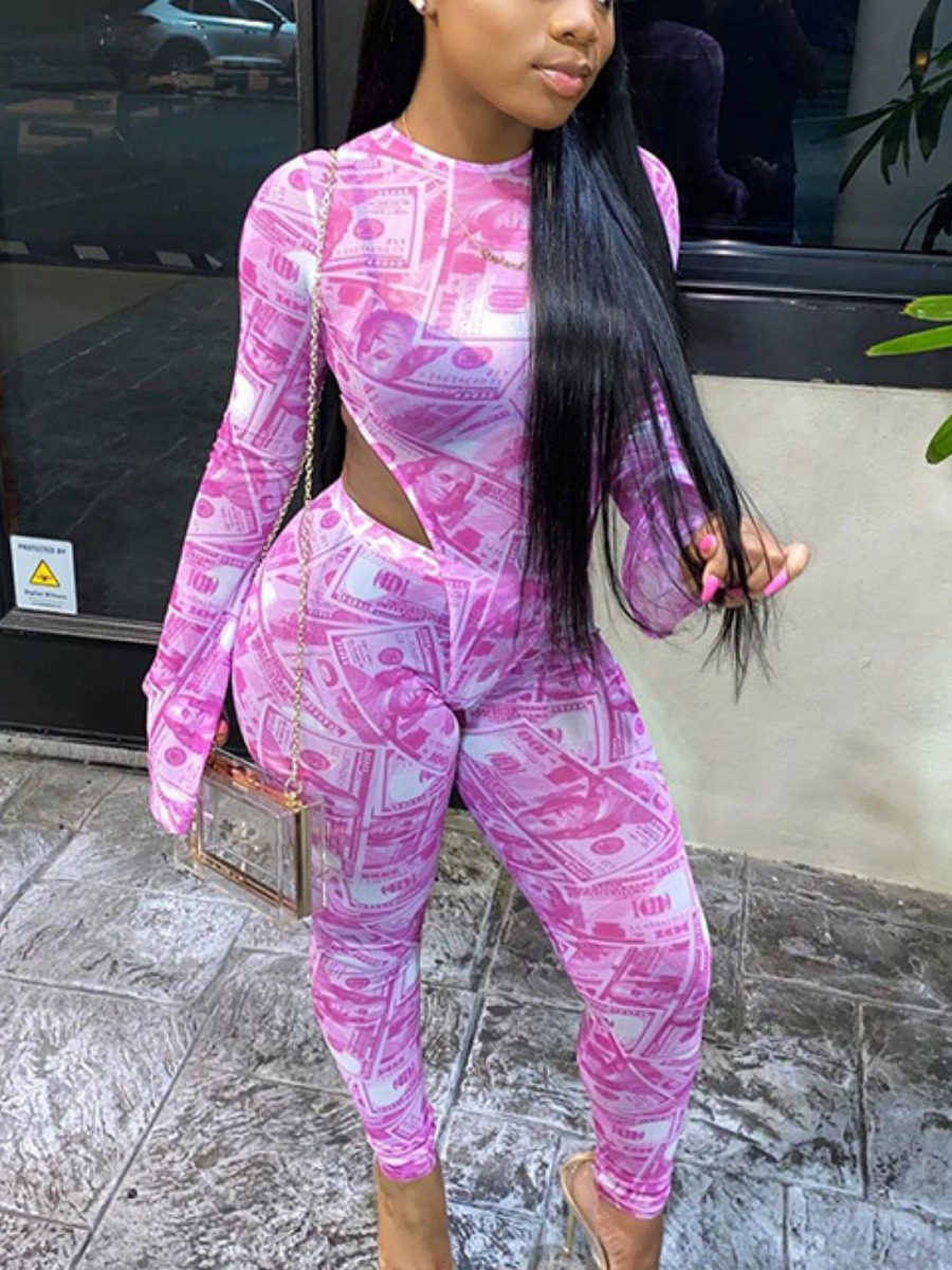 

Lovely Sexy See-through Money Print Patchwork Pink Two Piece Pants Set