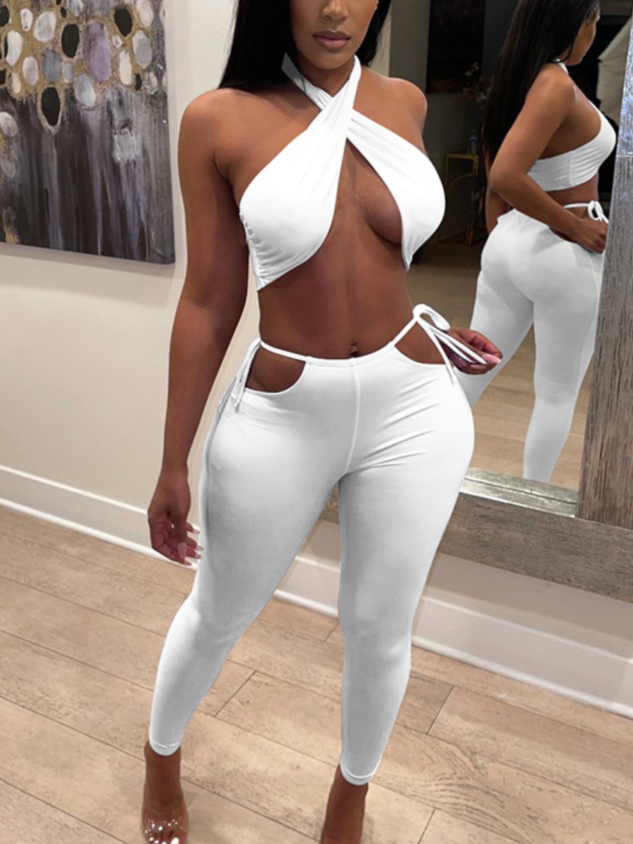 

LW SXY Criss Cross Bandage Hollow-out Design White Two Piece Pants Set