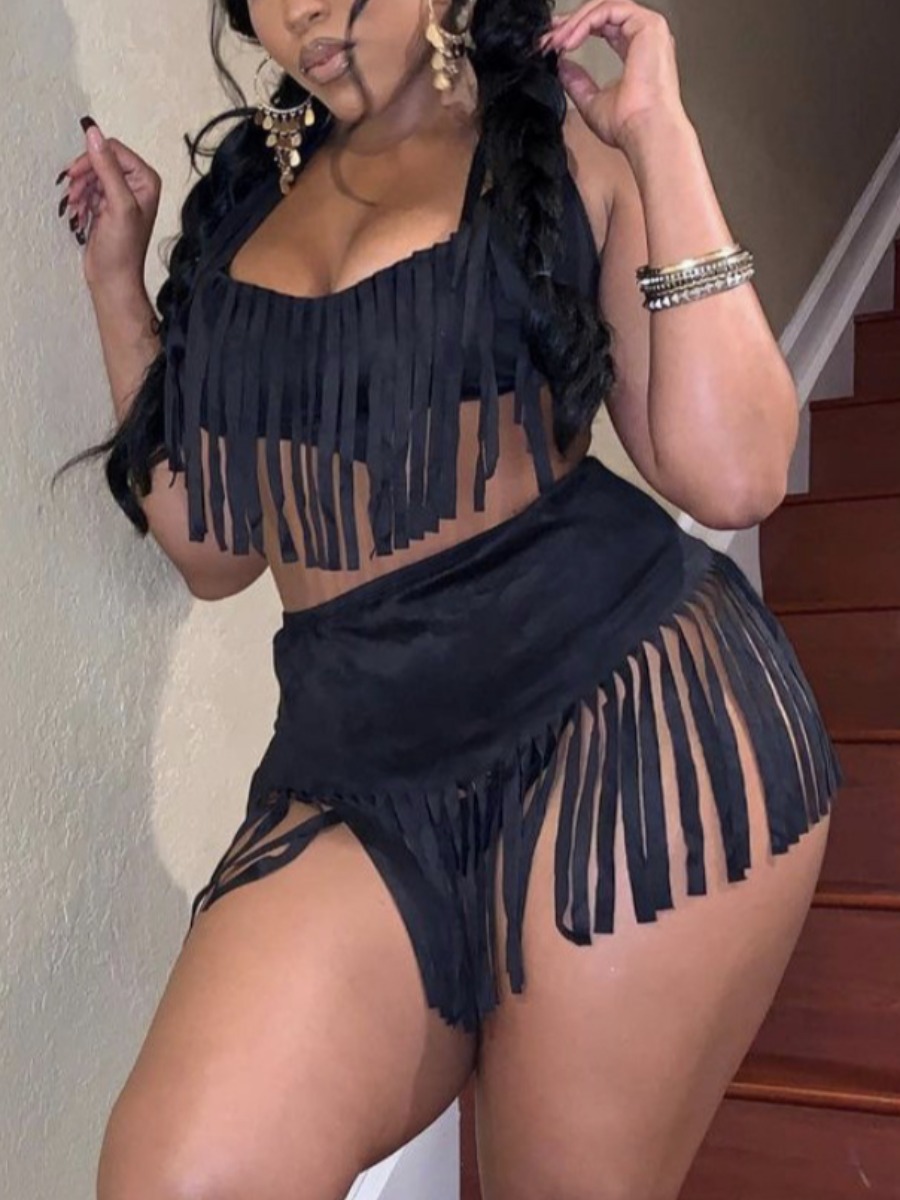

Lovely Sexy Backless Tassel Design Black Two Piece Shorts Set