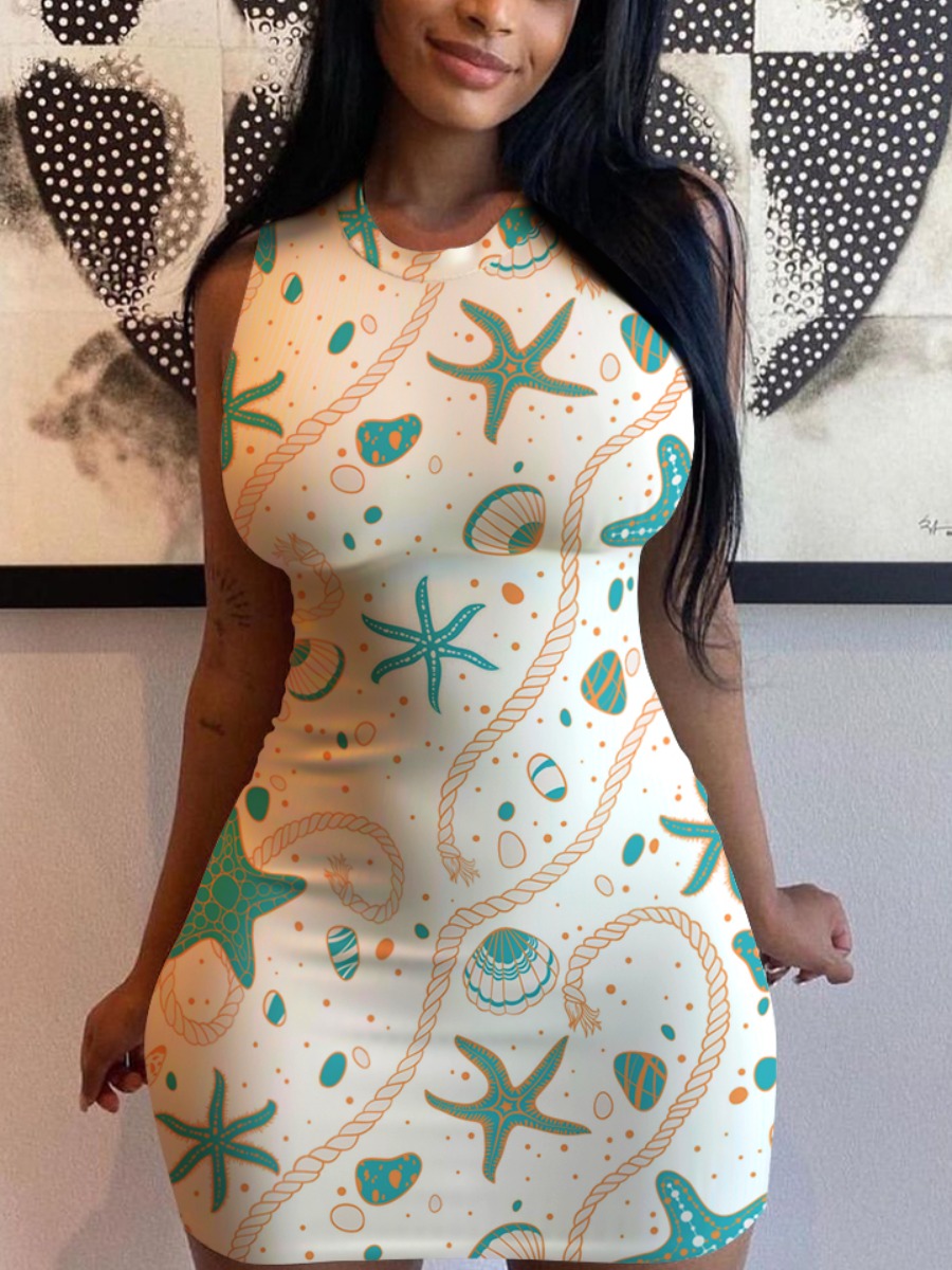 

LW Street Ocean Shell Print Patchwork White Mini Dress