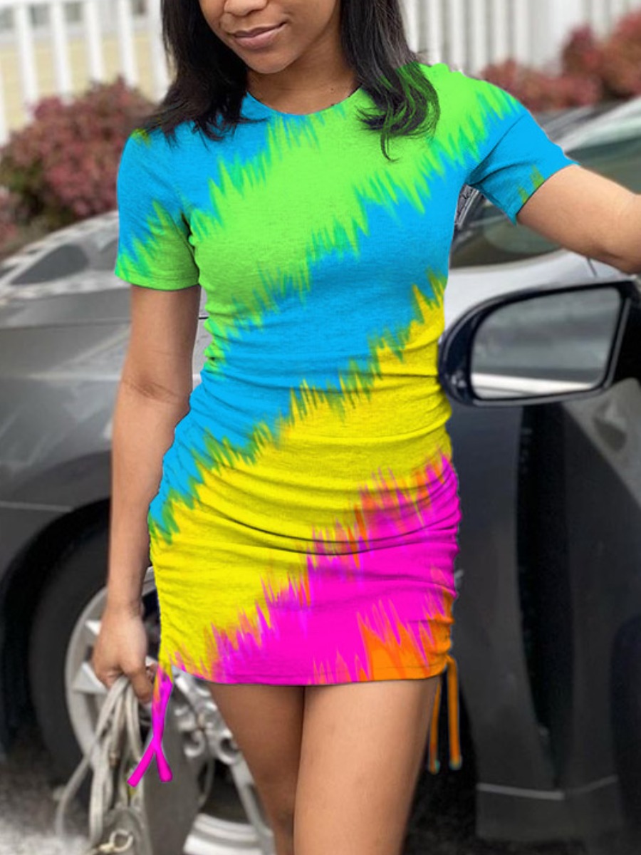 

Lovely Casual Rainbow Print Drawstring Multicolor Mini Dress, Multi