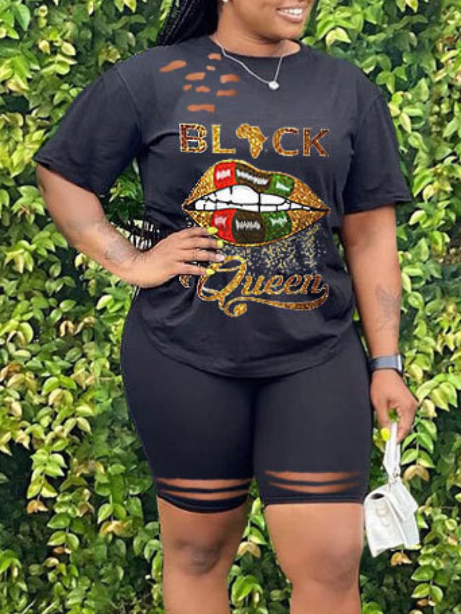 

Lovely Plus Size Street Lip Letter Print Ripped Black Two-piece Shorts Set