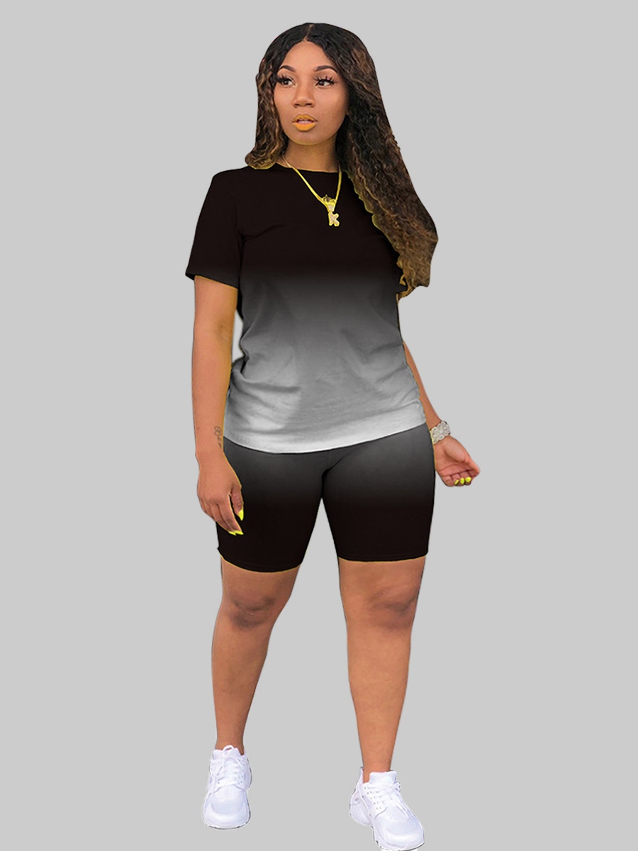 LW Plus Size Trendy O Neck Gradient Black Two-piece Shorts Set