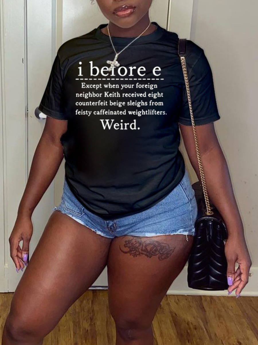 

Lovely Street O Neck Letter Print Black Plus Size T-shirt