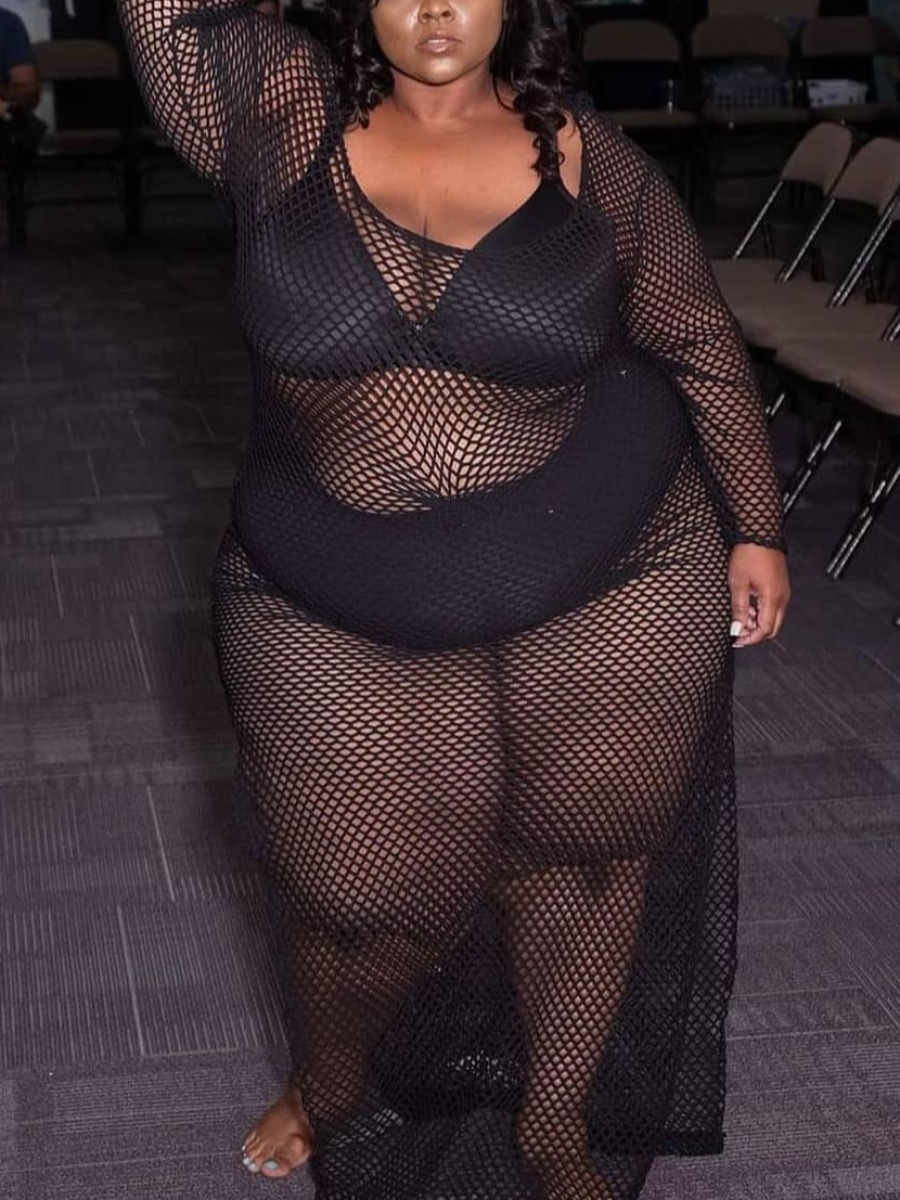 

Lovely Plus Size Boho U Neck See-through Black Cover-up