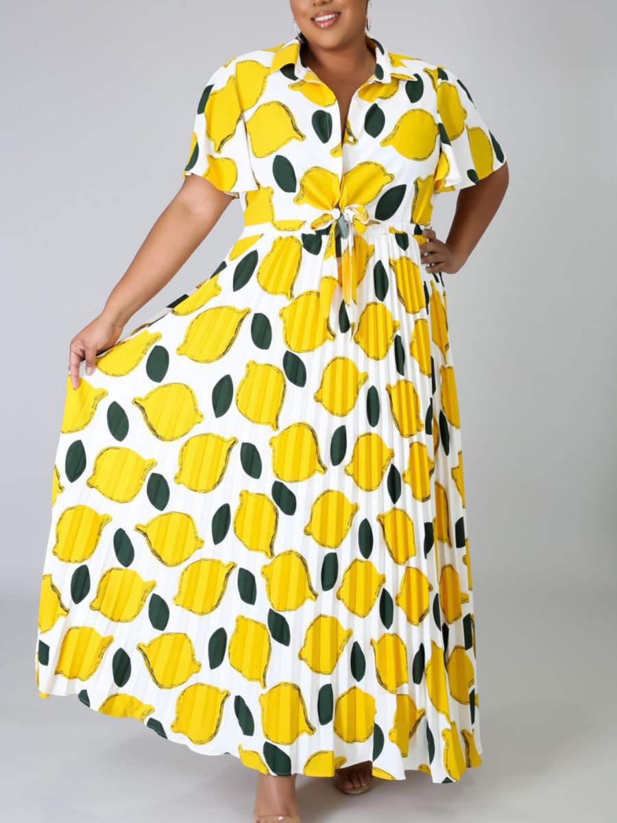 

Lovely Boho Fruit Print Pleated Yellow Floor Length A Line Plus Size Dress