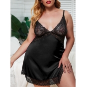 LW Plus Size Sexy Lace Patchwork Split Black Babyd