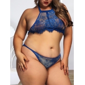 Lovely Plus Size Sexy See-through Floral Blue Bra 