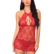Lovely Sexy See-through Hollow-out Red Babydoll