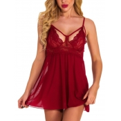 Lovely Sexy Mesh Hollow-out Wine Red Babydoll