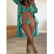 Lovely Sexy Print Patchwork Green Two-piece Swimsu