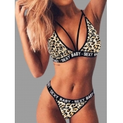 Lovely Boho Leopard Letter Print Two-piece Swimsui