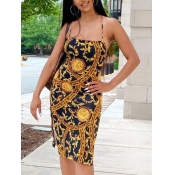 Lovely Street Print Patchwork Split Gold Knee Leng