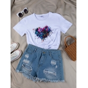 Lovely Casual O Neck Heart-shaped Splash Ink Print