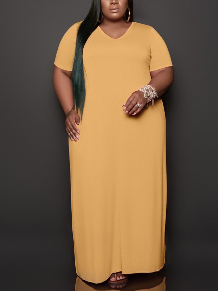 

Lovely Plus Size Casual V Neck Loose Yellow Ankle Length Dress