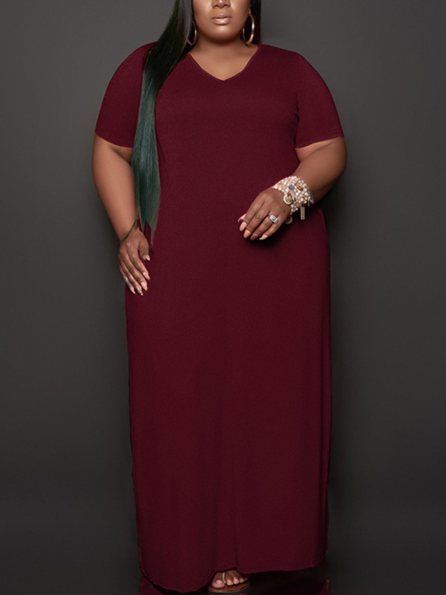 

Lovely Plus Size Casual V Neck Loose Wine Red Ankle Length Dress