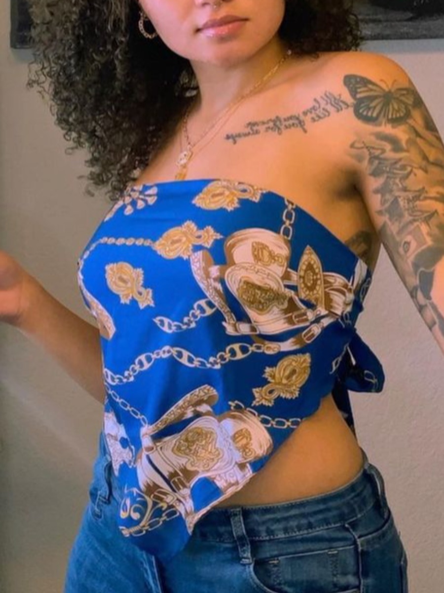 

Lovely Sweet Off The Shoulder Chain Print Blue Camisole